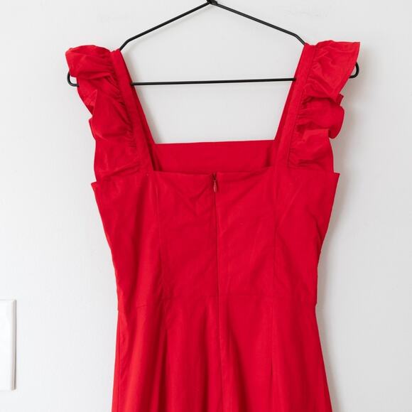 STAUD Valentina Square Neck Red Cotton Flutter Sleeve Midi Dress Size XS - Picture 6 of 9
